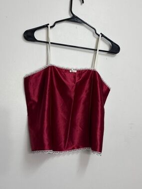 Lace trim red tank top Romantic satin lace blouse babydoll top coquette bow